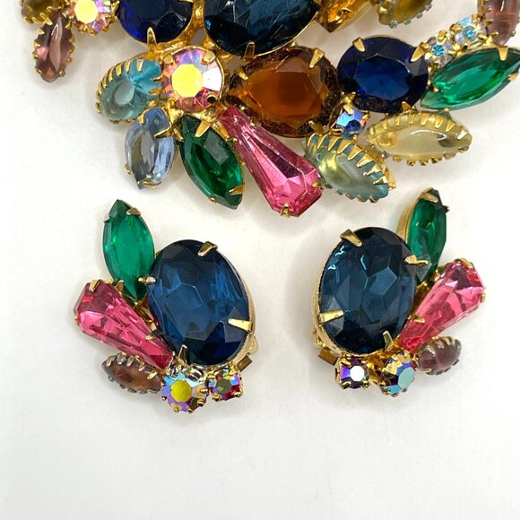 Vintage Unsigned Tutti Frutti Fruit Salad Rhinestone Brooch Clip Earrings Set - Picture 13 of 13